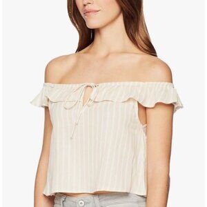 BILLABONG Crop Top Sz L Beige White Stripe Cotton Off The Shoulder Ruffle Blouse